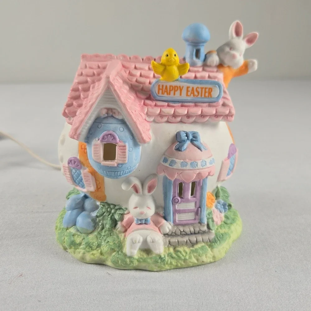 Vintage Porcelain Easter Bunny Light Up Village Egg House School 5